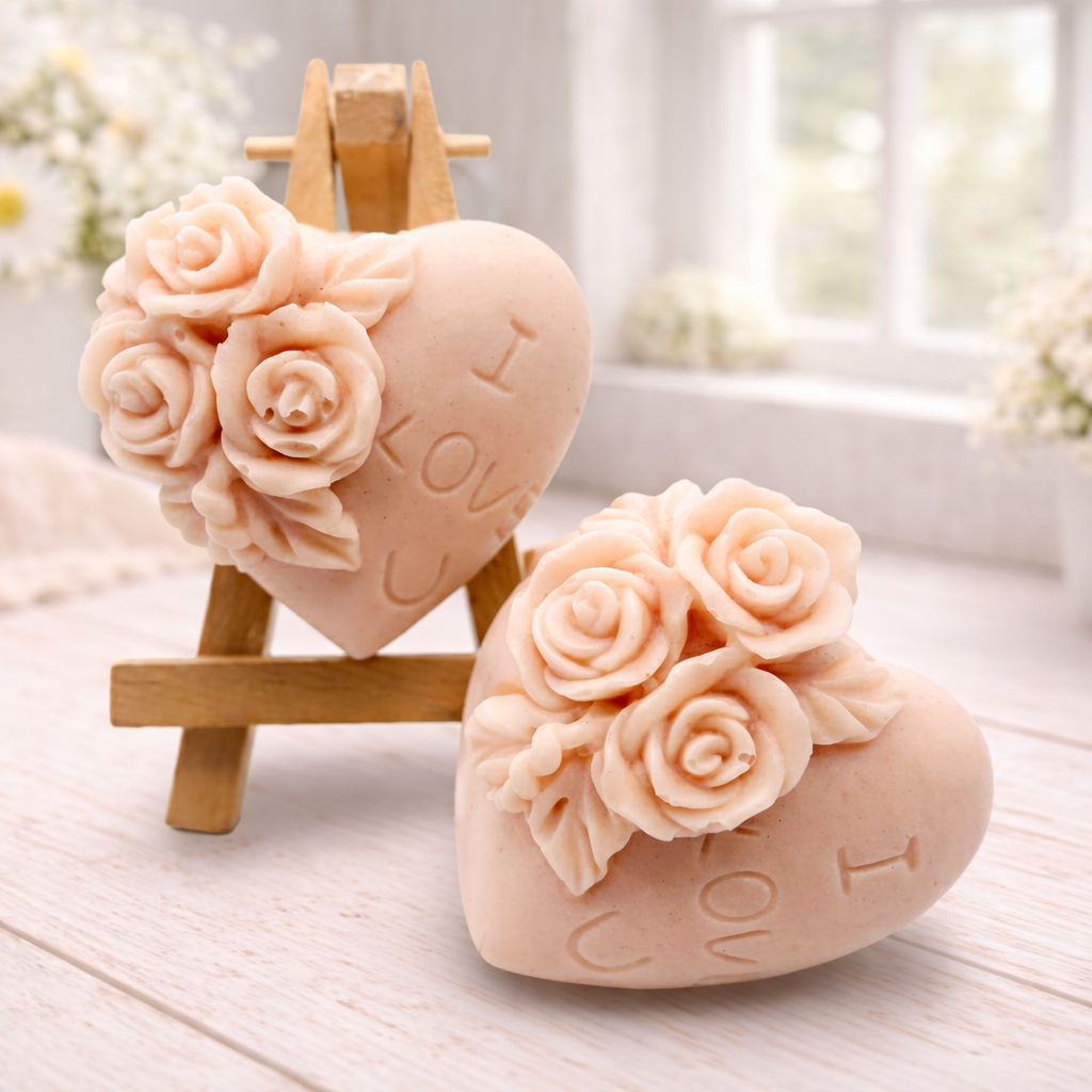 A handmade vegan soap gift set, featuring a central heart-shaped relief surrounded by a border of intricate rose flowers and delicate foliage, displayed on a small wooden easel.