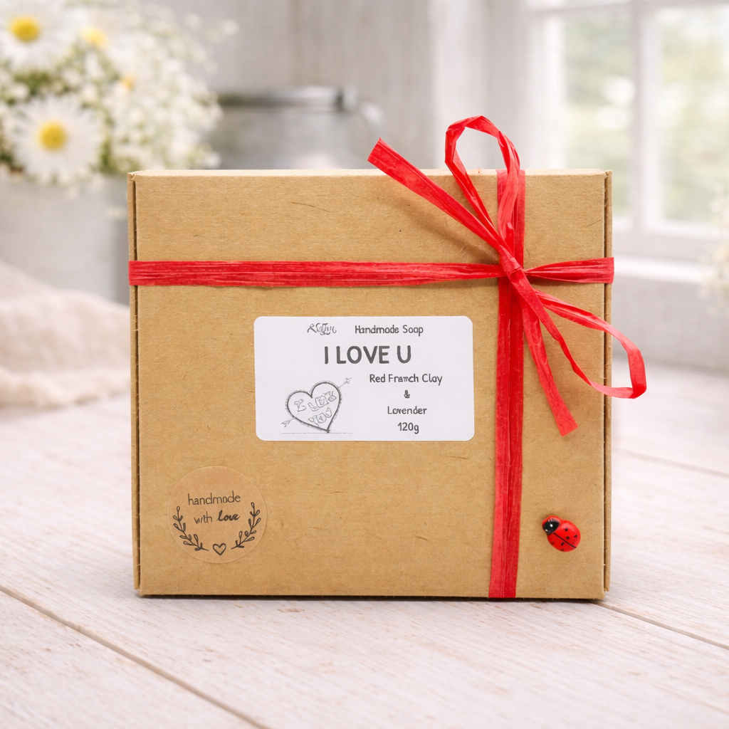 Gift box with red ribbon and 'I Love U' label on a wooden surface with flowers in the background