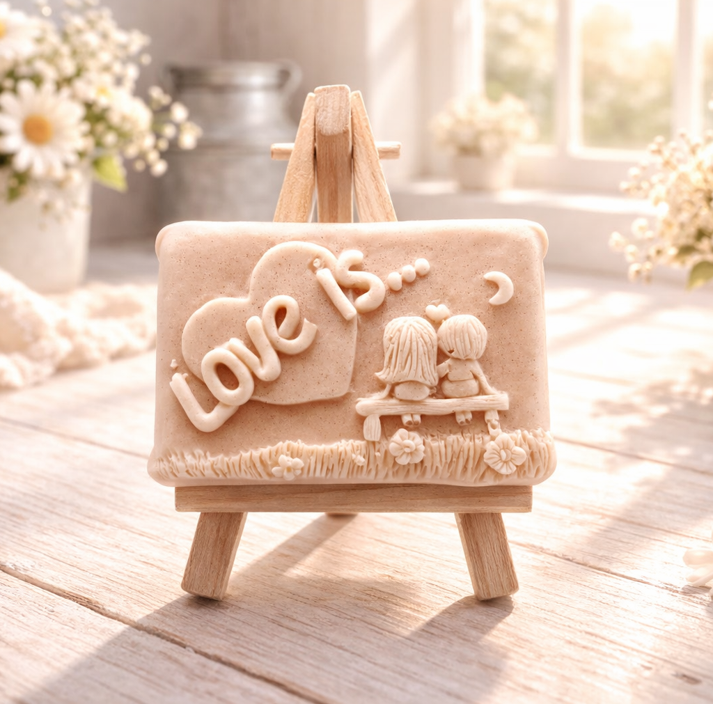 A rectangular handmade vegan soap featuring a detailed 3D relief carving of a young couple sitting on a bench under a crescent moon, with the words "Love is..." embossed inside a heart, displayed on a wooden easel.