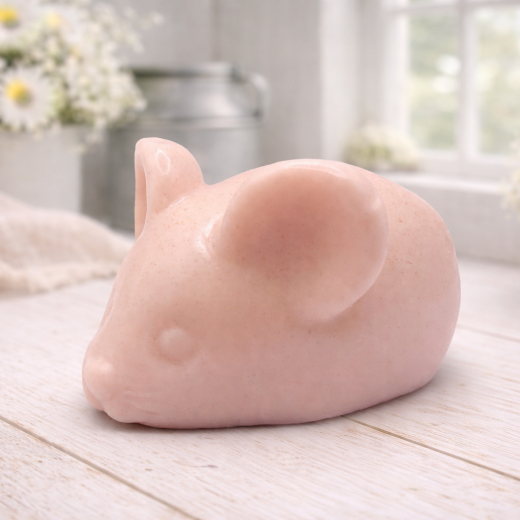 A 3D handmade vegan soap sculpted into the shape of a cute resting mouse with large rounded ears and a delicate snout, displayed on a light wooden surface in a bright farmhouse setting