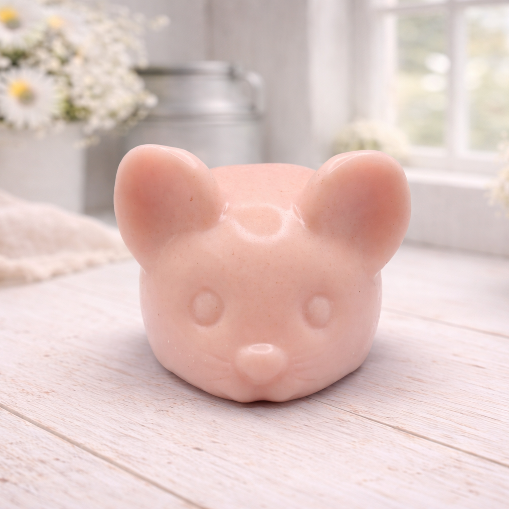 A 3D handmade vegan soap sculpted into the shape of a cute resting mouse with large rounded ears and a delicate snout, displayed on a light wooden surface in a bright farmhouse setting