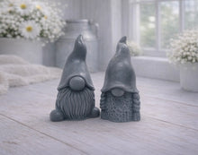 Load image into Gallery viewer, A pair of handmade vegan soaps, featuring a Mr and Mrs Gnome (gonk) set; one with a full textured beard and the other with thick braided plaits, both wearing tall, pointed hats. Gift boxed. 
