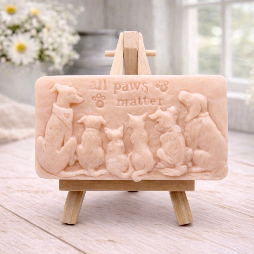 A rectangular handmade vegan soap bar gift, featuring a detailed relief carving of several dogs and a cat sitting together, with the words "all paws matter" and two paw prints embossed at the top, displayed on a wooden easel. Made in Blackpool. 