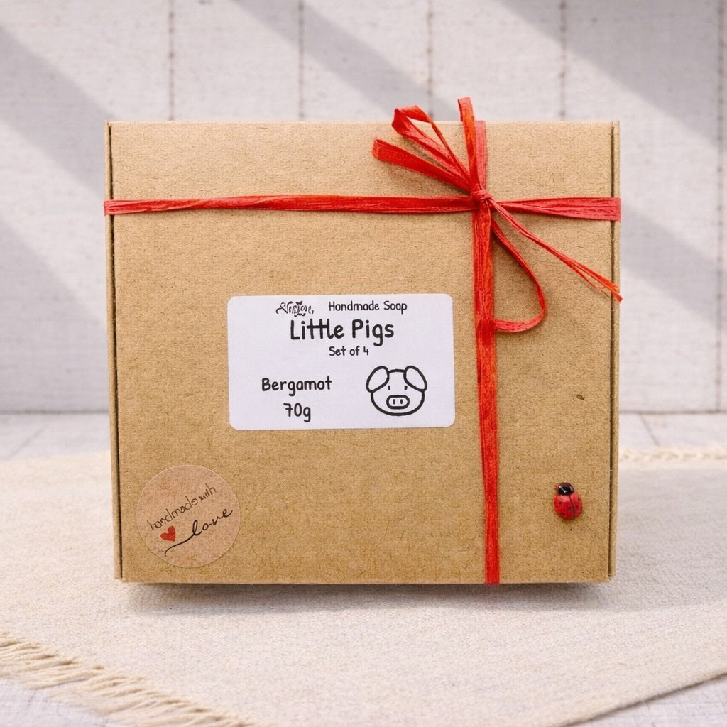 Kraft paper gift box with red ribbon and 'Little Pigs' label on a textured surface.