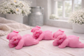 Three cute laughing pig-shaped vegan soap gift set on a wooden surface with flowers in the background
