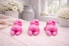 Load image into Gallery viewer, Three cute laughing pig-shaped vegan soap gift set on a wooden surface with flowers in the background
