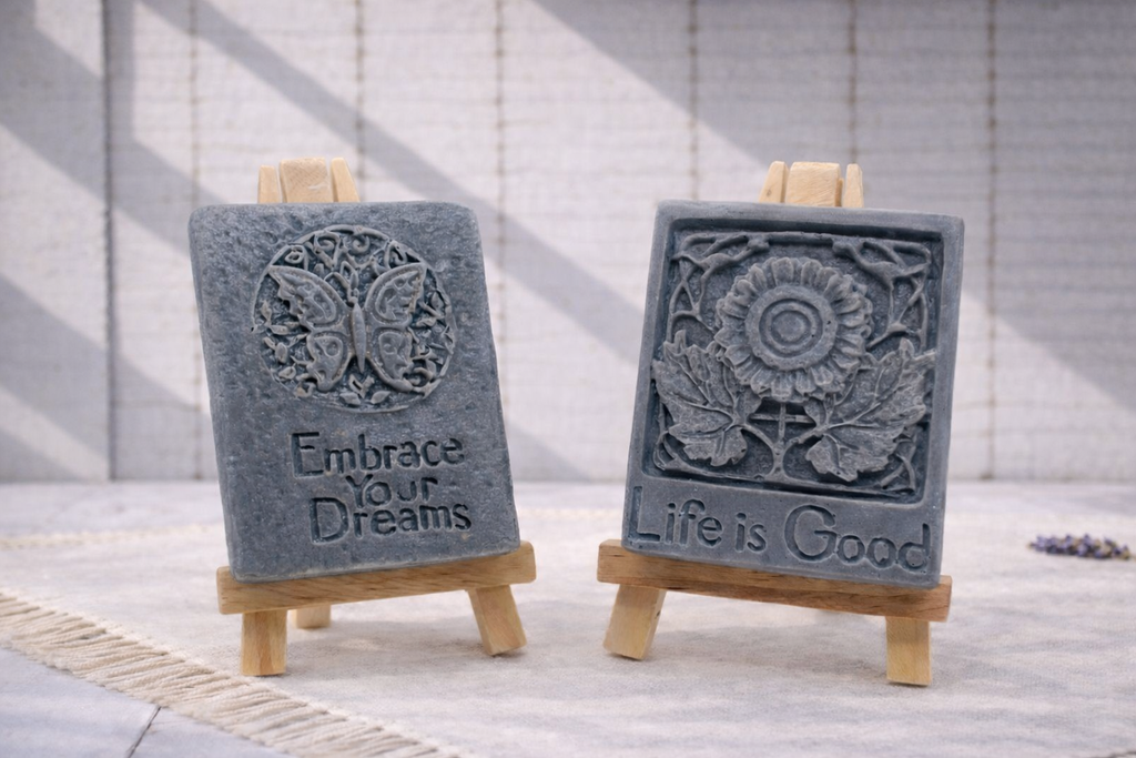Handmade vegan soaps featuring a set of two positive quote soaps, gift boxed in beautiful eco friendly packaging. embrace your dreams and life’s good wording. 