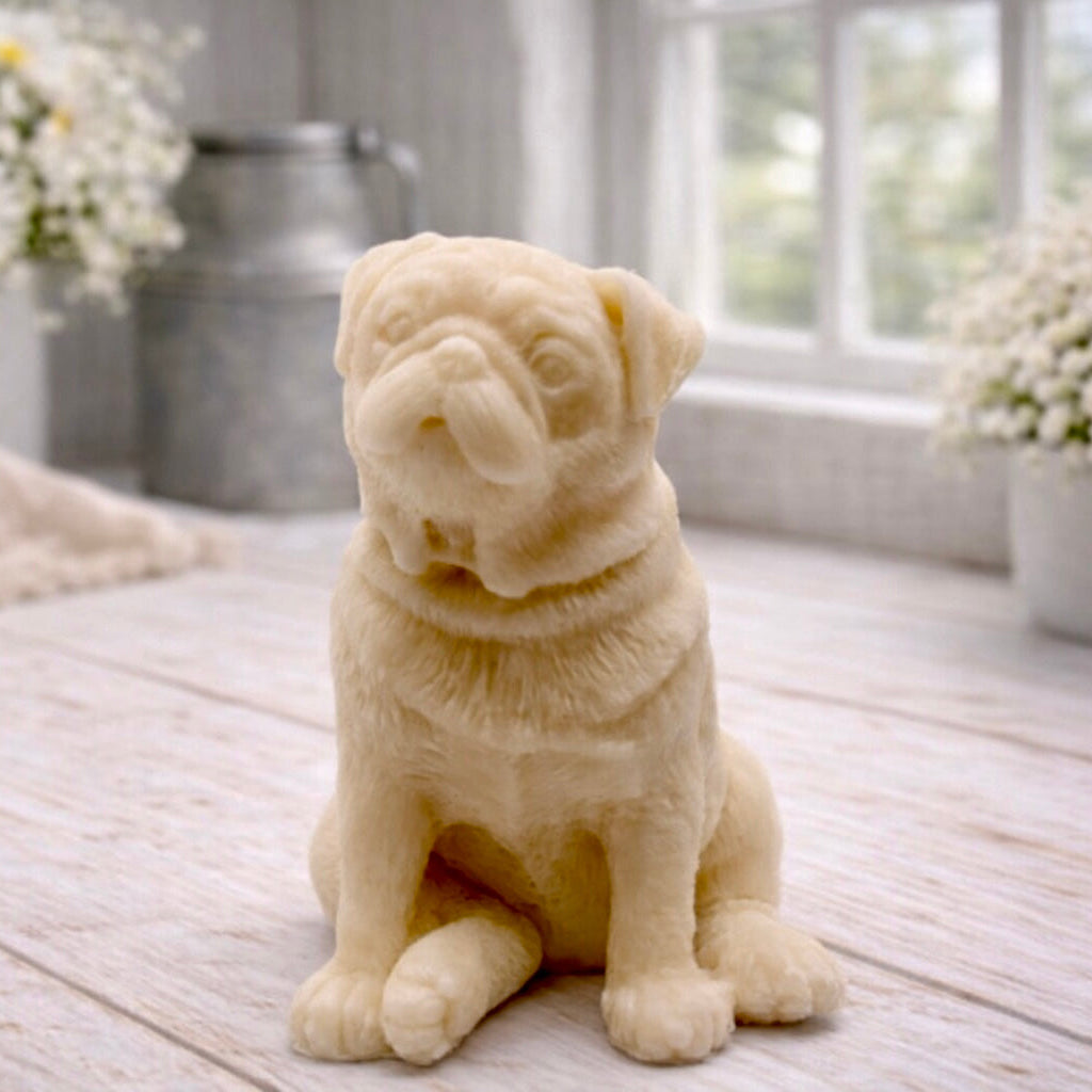A detailed handmade vegan soap sculpted in the shape of a sitting pug dog with characteristic facial wrinkles and a tilted head, in a charcoal-grey tone, displayed on a light wooden surface.