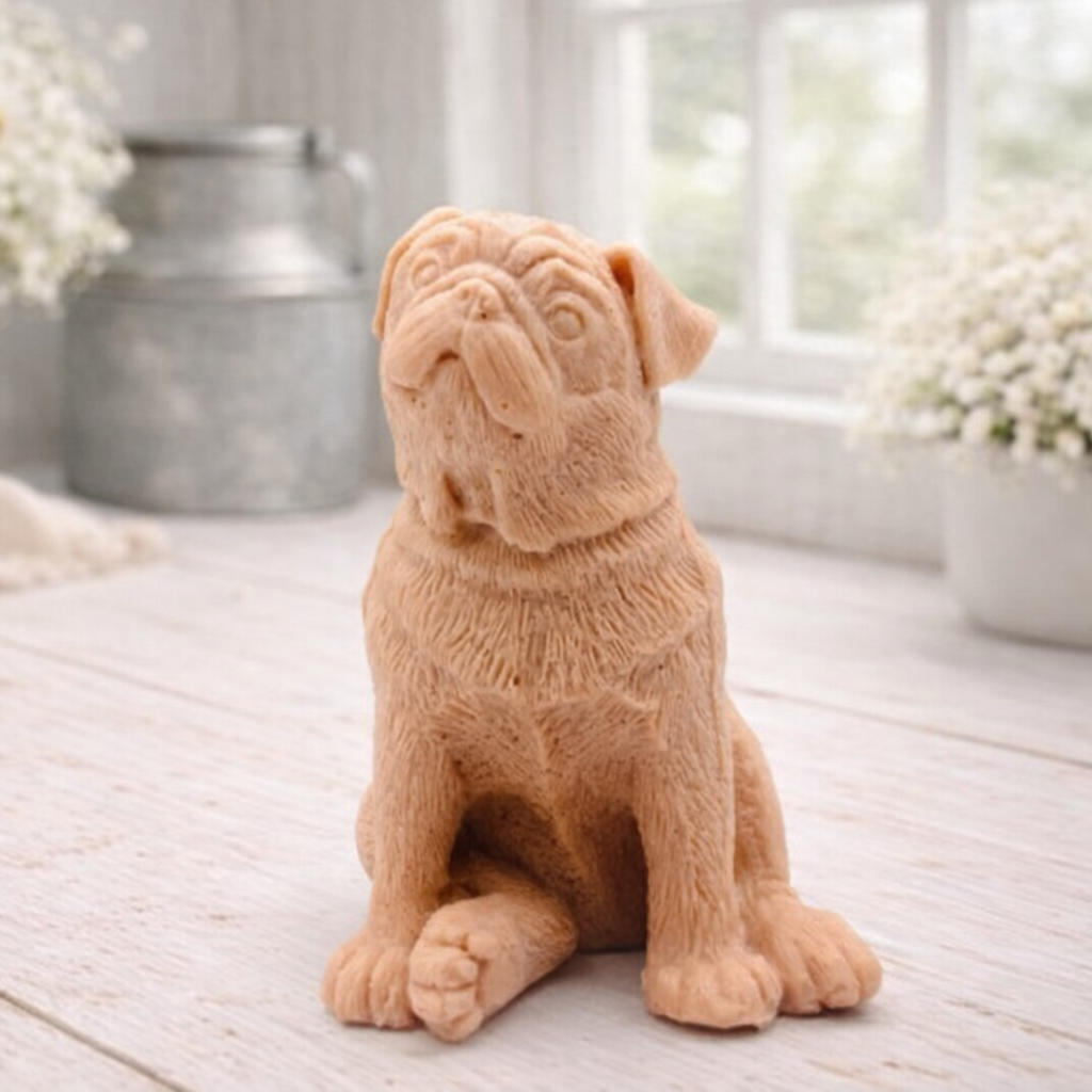 A detailed handmade vegan soap sculpted in the shape of a sitting pug dog with characteristic facial wrinkles and a tilted head, in a charcoal-grey tone, displayed on a light wooden surface.