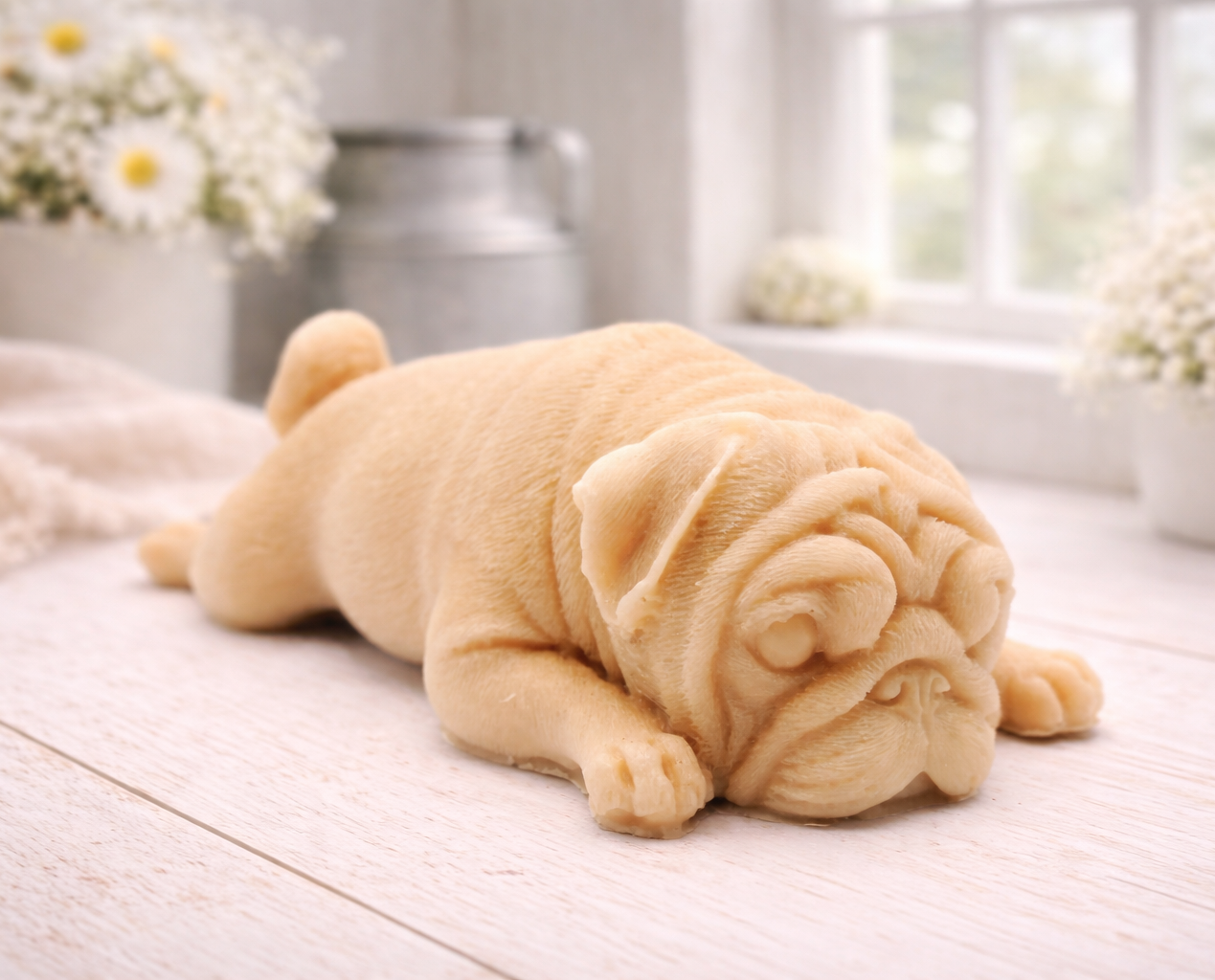 A detailed handmade vegan soap gift, sculpted in the shape of a pug dog lying flat on its stomach in a sleeping position, showing realistic skin folds and fur texture, displayed on a light wooden surface. Handmade in Blackpool 