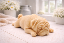 Load image into Gallery viewer, A detailed handmade vegan soap gift, sculpted in the shape of a pug dog lying flat on its stomach in a sleeping position, showing realistic skin folds and fur texture, displayed on a light wooden surface. Handmade in Blackpool 
