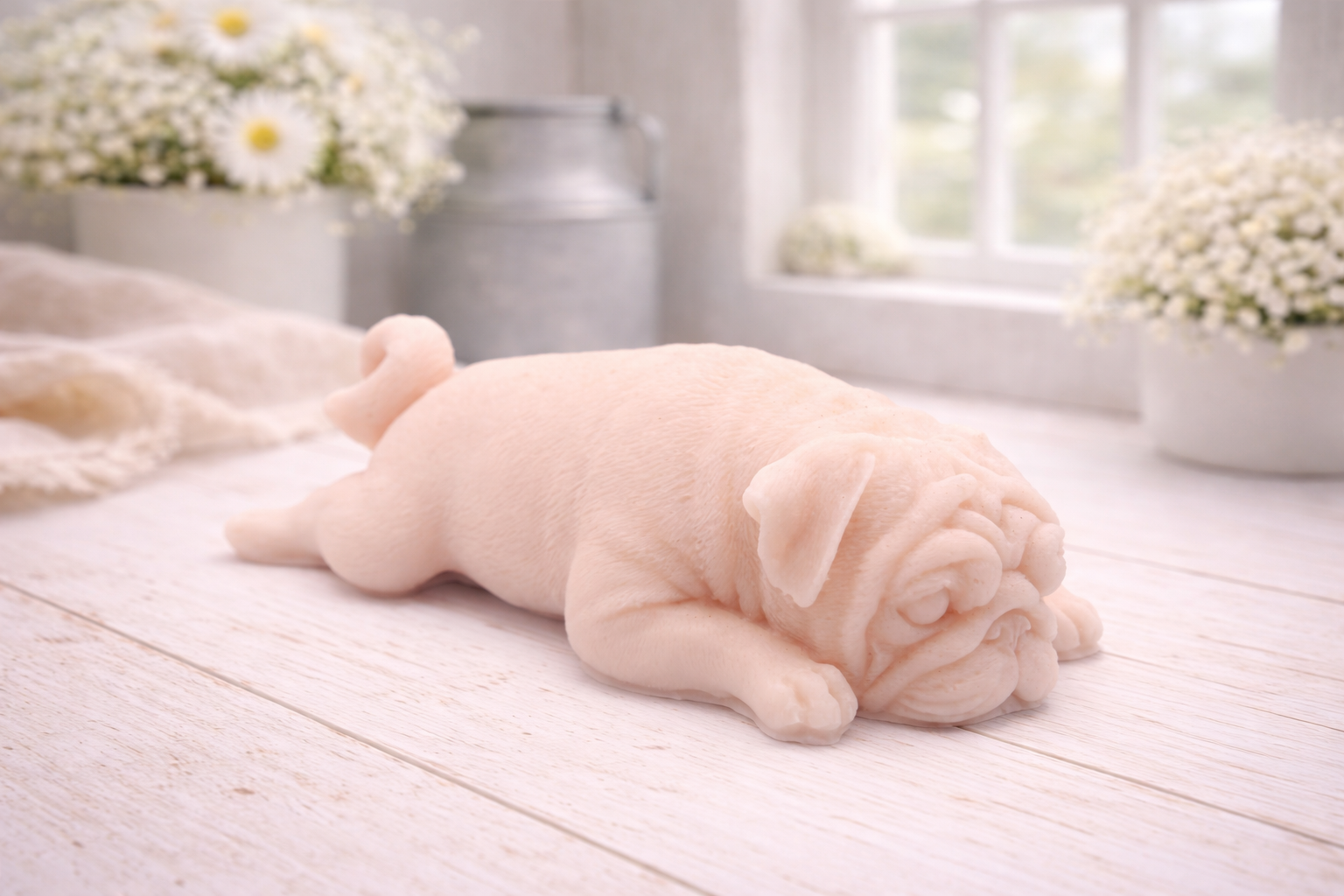 A detailed handmade vegan soap gift, sculpted in the shape of a pug dog lying flat on its stomach in a sleeping position, showing realistic skin folds and fur texture, displayed on a light wooden surface. Handmade in Blackpool 