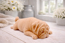 Load image into Gallery viewer, A detailed handmade vegan soap gift, sculpted in the shape of a pug dog lying flat on its stomach in a sleeping position, showing realistic skin folds and fur texture, displayed on a light wooden surface. Handmade in Blackpool 
