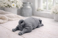 Load image into Gallery viewer, A detailed handmade vegan soap gift, sculpted in the shape of a pug dog lying flat on its stomach in a sleeping position, showing realistic skin folds and fur texture, displayed on a light wooden surface. Handmade in Blackpool 
