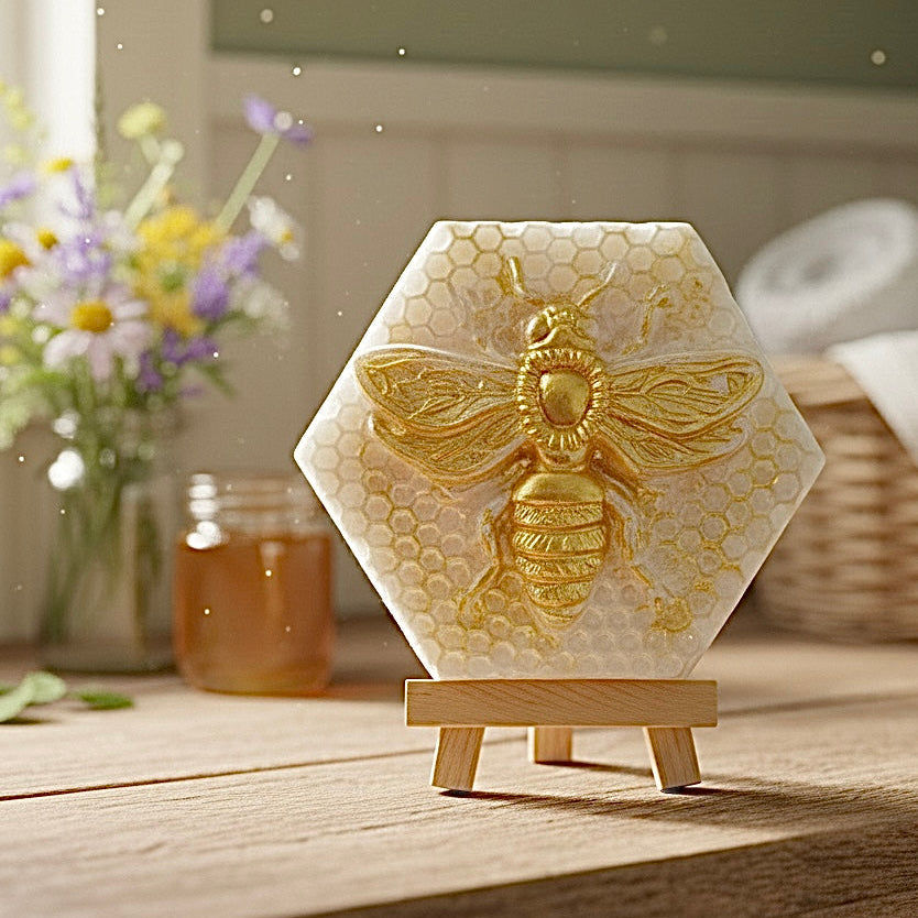 handmade vegan soap gift featuring a detailed honey bee in shimmering gold, displayed on a wooden easel I. A farmhouse decor background 