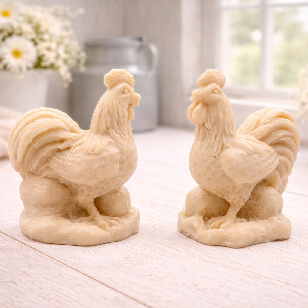 Two handmade vegan soaps sculpted in the shape of proud roosters (cockerels) with detailed feathers, combs, and curved tail feathers, standing on a rustic base, in a natural colour. Gift boxed 
