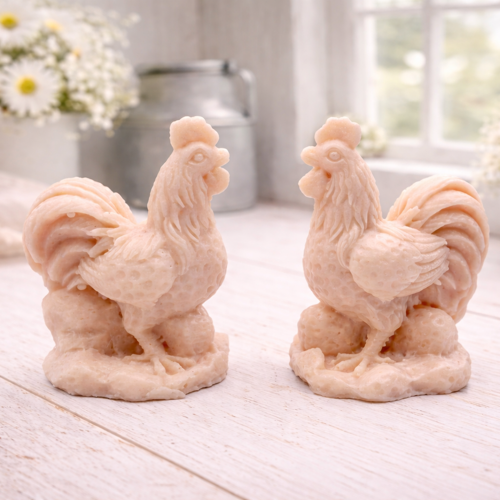 Two handmade vegan soaps sculpted in the shape of proud roosters (cockerels) with detailed feathers, combs, and curved tail feathers, standing on a rustic base, in a natural colour. Gift boxed 