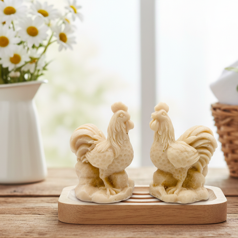 Two handmade vegan soaps sculpted in the shape of proud roosters (cockerels) with detailed feathers, combs, and curved tail feathers, standing on a rustic base, in a natural colour. Gift boxed 