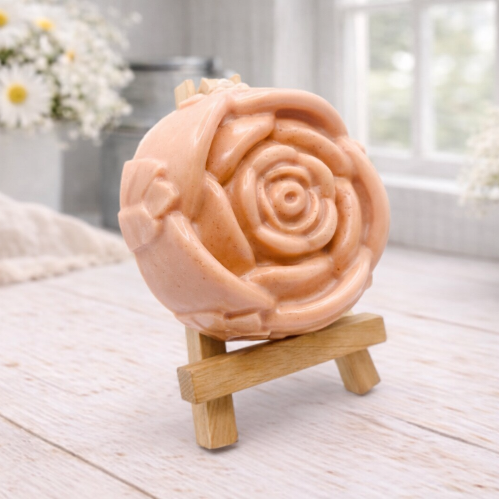 A handmade vegan soap, intricately sculpted in the shape of a large, blooming rose flower with layered petals, displayed on a small wooden easel against a bright win