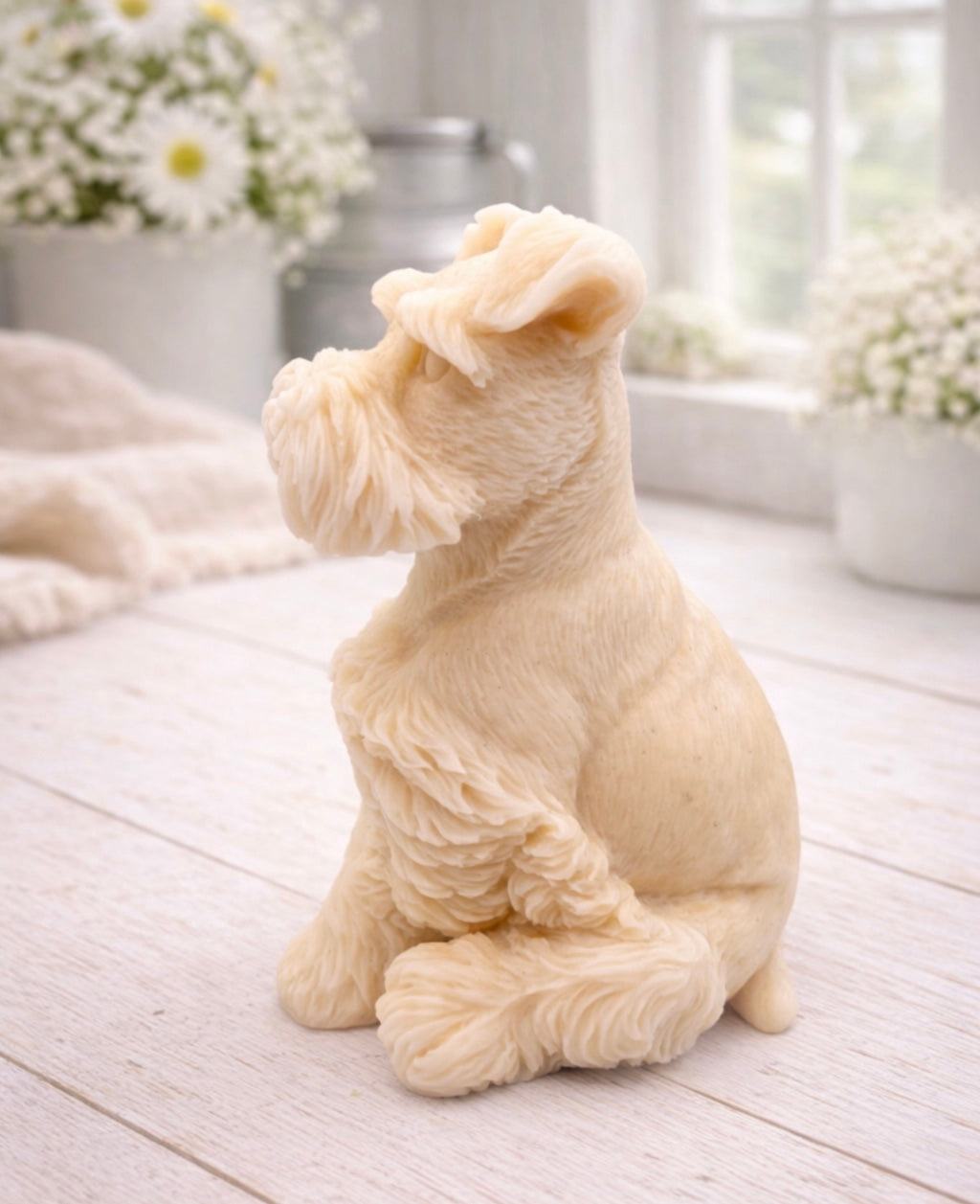 A detailed handmade vegan soap sculpted in the shape of a sitting Schnauzer dog with characteristic fluffy eyebrows and beard, in a natural colour, set against a bright window and white flowers. By soap Simple creations 