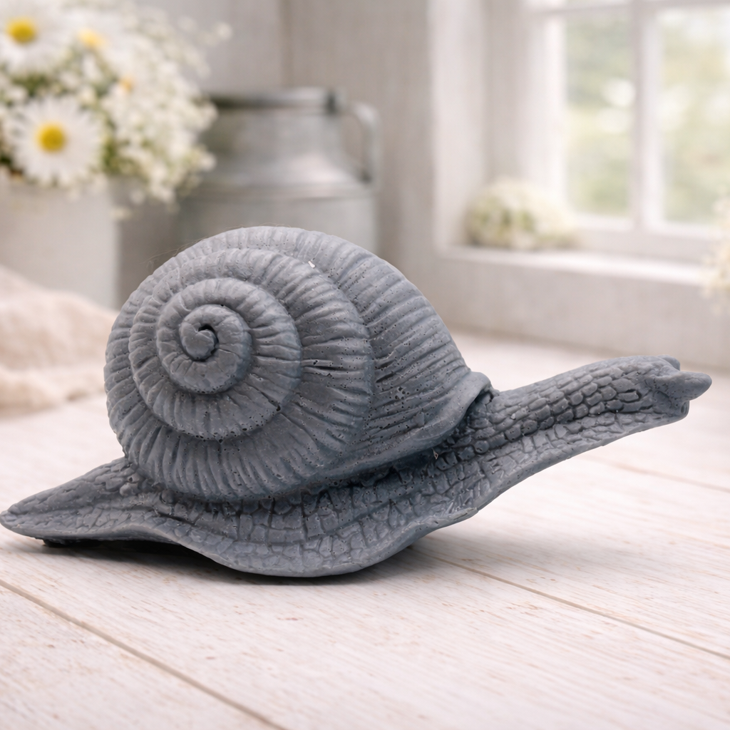 A highly detailed handmade vegan soap in a slate-grey tone, sculpted in the shape of a realistic snail with a prominent spiralled shell and a textured, leathery body, displayed on a light wooden surface.