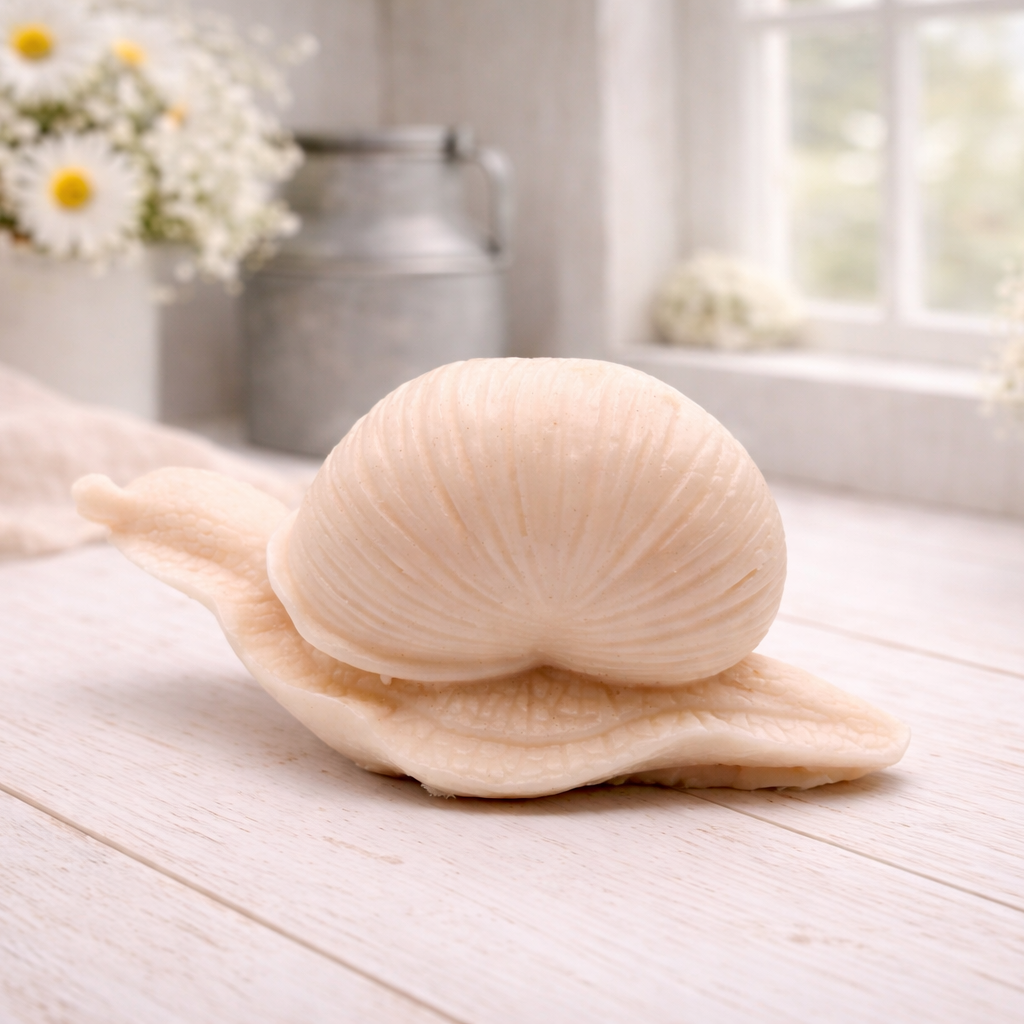 A highly detailed handmade vegan soap gift, sculpted in the shape of a realistic snail with a prominent spiralled shell and a textured, leathery body, displayed on a light wooden surface. Handmade in Blackpool. 