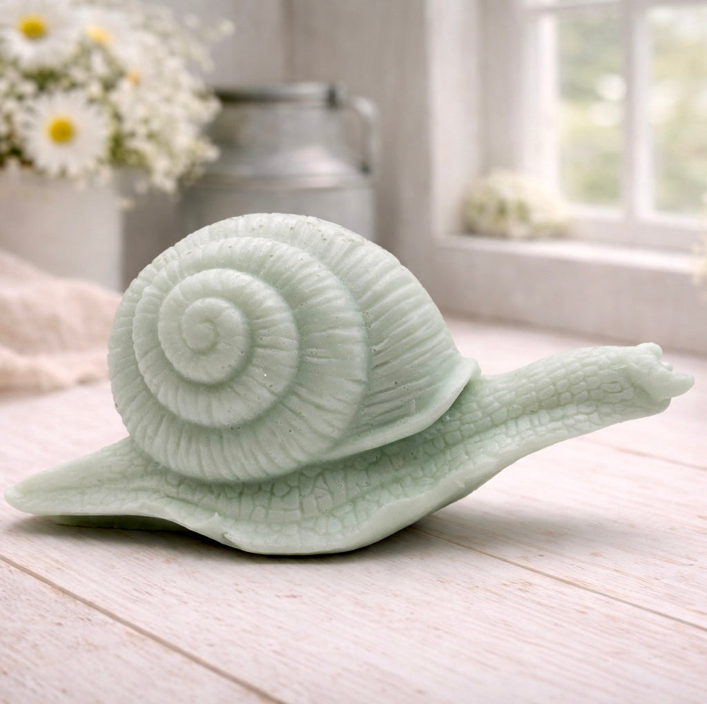 A highly detailed handmade vegan soap in a slate-grey tone, sculpted in the shape of a realistic snail with a prominent spiralled shell and a textured, leathery body, displayed on a light wooden surface.