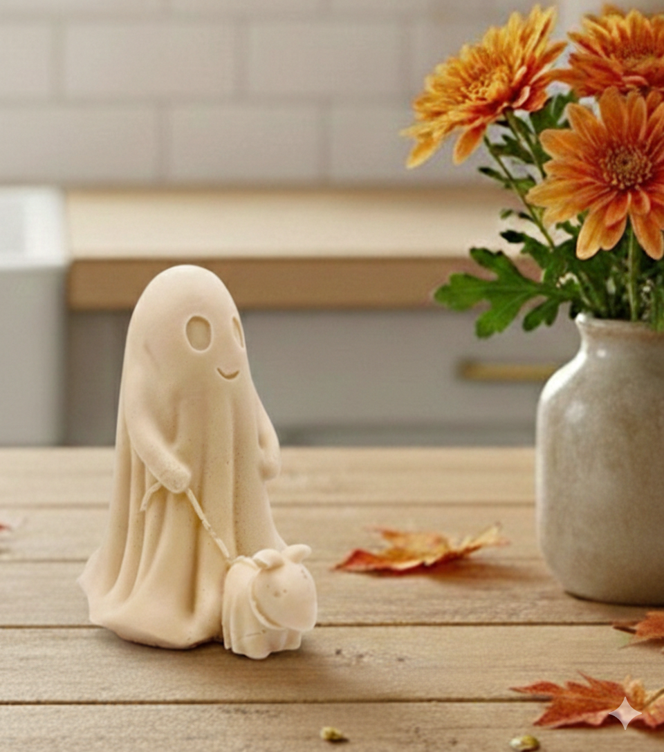 handmade vegan soap featuring a smiling ghost walking a small dog on a lead,