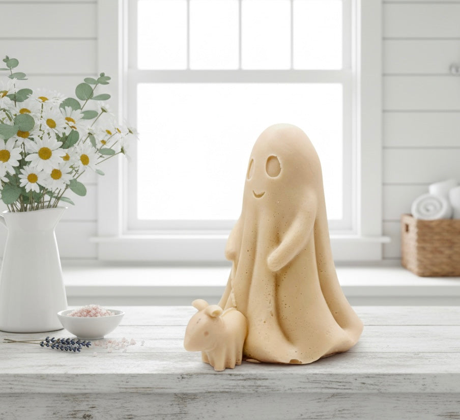 handmade vegan soap featuring a smiling ghost walking a small dog on a lead,