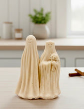 Load image into Gallery viewer, handmade vegan soap featuring a ghostly bride with a bouquet and a groom, a unique farmhouse decor wedding or anniversary gift 
