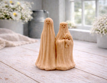 Load image into Gallery viewer, handmade vegan soap featuring a ghostly bride with a bouquet and a groom, a unique farmhouse decor wedding or anniversary gift 
