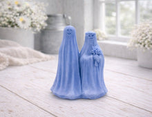 Load image into Gallery viewer, handmade vegan soap featuring a ghostly bride with a bouquet and a groom, a unique farmhouse decor wedding or anniversary gift 
