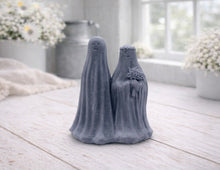 Load image into Gallery viewer, handmade vegan soap featuring a ghostly bride with a bouquet and a groom, a unique farmhouse decor wedding or anniversary gift 
