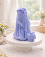 Load image into Gallery viewer, handmade vegan soap featuring a ghost with a flower crown walking a small dog, set against a soft pastel background for a whimsical farmhouse decor touch.
