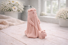 Load image into Gallery viewer, handmade vegan soap featuring a ghost with a flower crown walking a small dog, set against a soft pastel background for a whimsical farmhouse decor touch.
