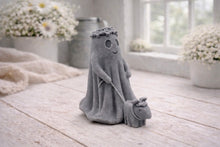 Load image into Gallery viewer, handmade vegan soap featuring a ghost with a flower crown walking a small dog, set against a soft pastel background for a whimsical farmhouse decor touch.
