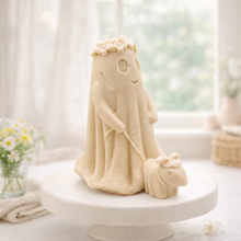 Load image into Gallery viewer, handmade vegan soap featuring a ghost with a flower crown walking a small dog, set against a soft pastel background for a whimsical farmhouse decor touch.
