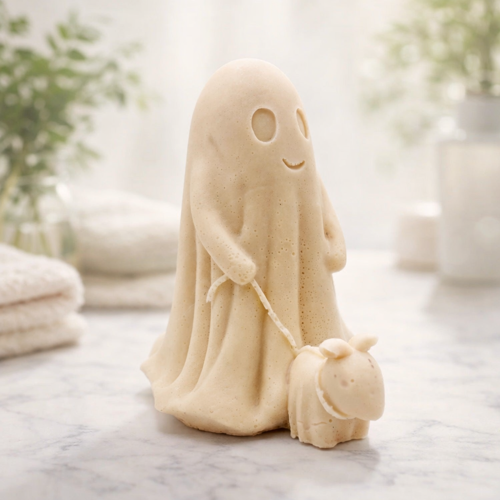 handmade vegan soap featuring a smiling ghost walking a small dog on a lead,