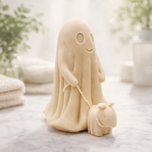 Load image into Gallery viewer, handmade vegan soap featuring a smiling ghost walking a small dog on a lead,
