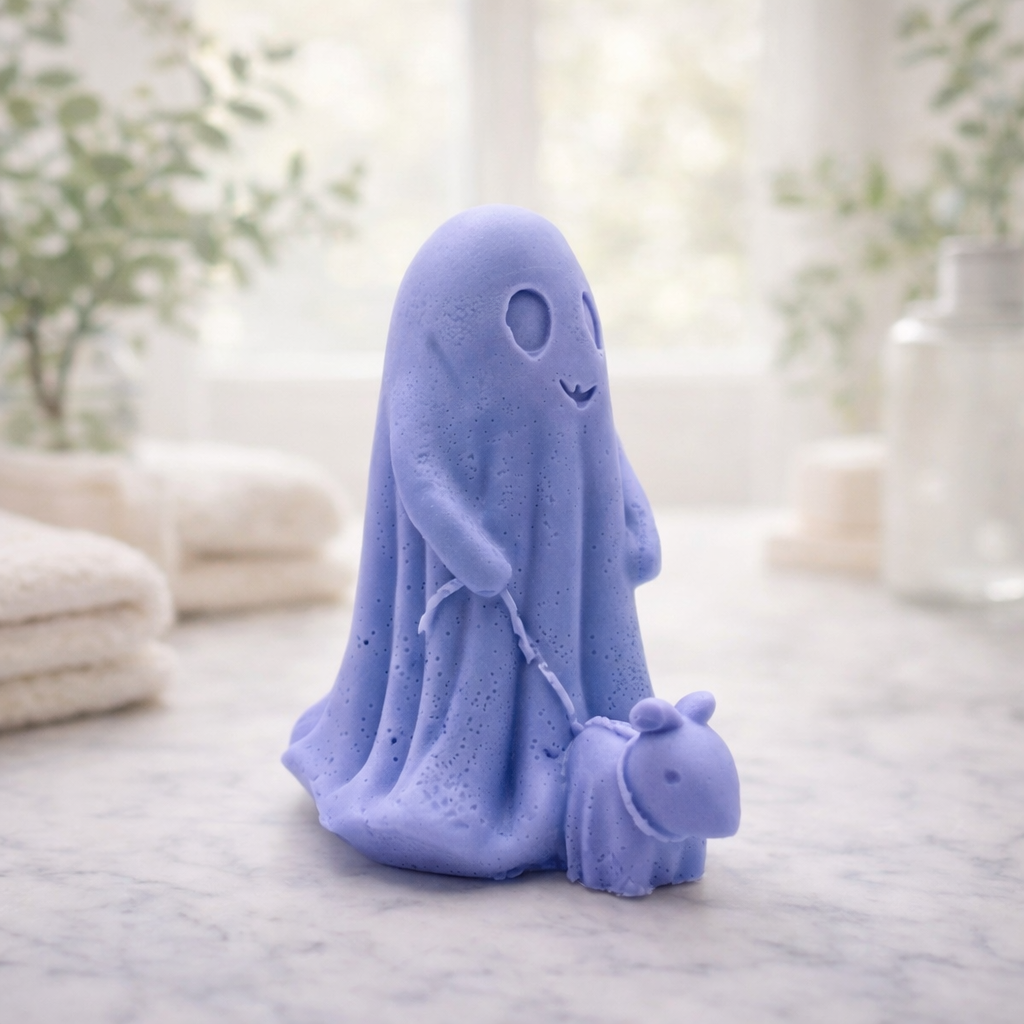 handmade vegan soap featuring a smiling ghost walking a small dog on a lead,