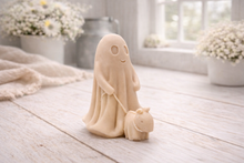 Load image into Gallery viewer, Decorative vegan soap of a ghost with a dog on a wooden floor with flowers in the background

