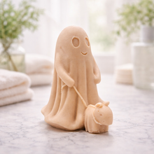 Load image into Gallery viewer, handmade vegan soap featuring a smiling ghost walking a small dog on a lead,
