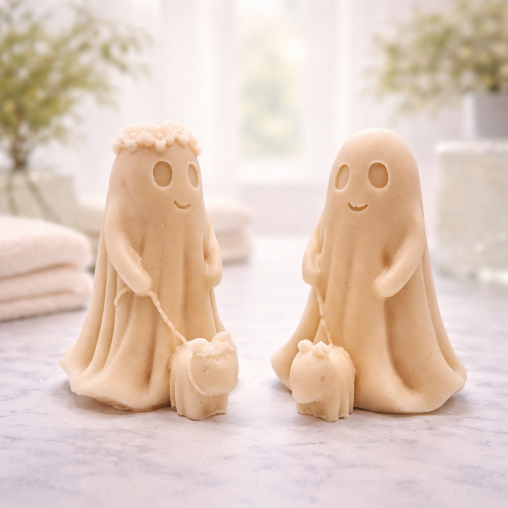 handmade vegan soap featuring a smiling ghost walking a small dog on a lead,