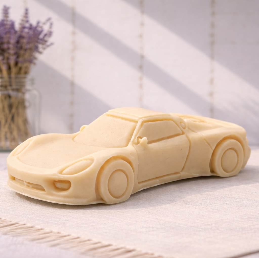 Sports Car-shaped vegan soap gift on a white surface with a blurred background