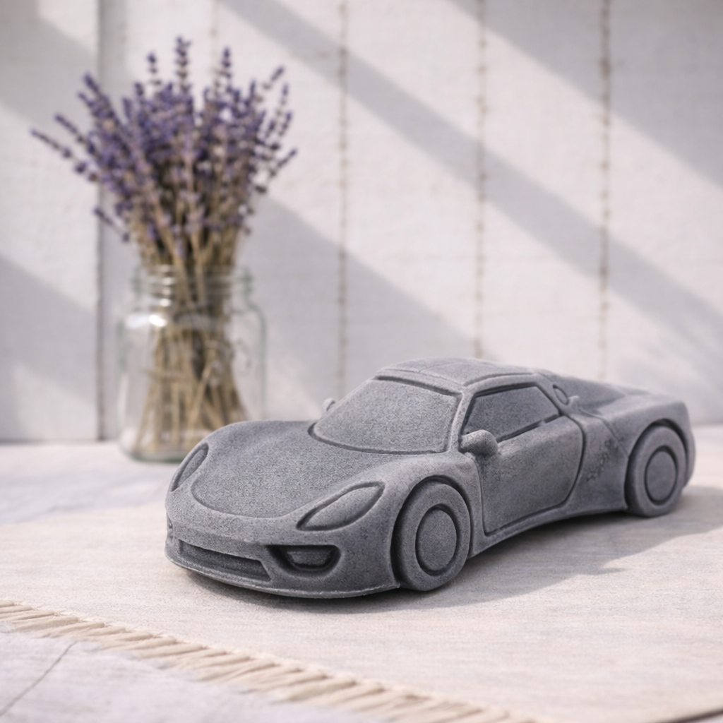 Sports car shaped vegan soap gift on a light surface with a vase of lavender in the background