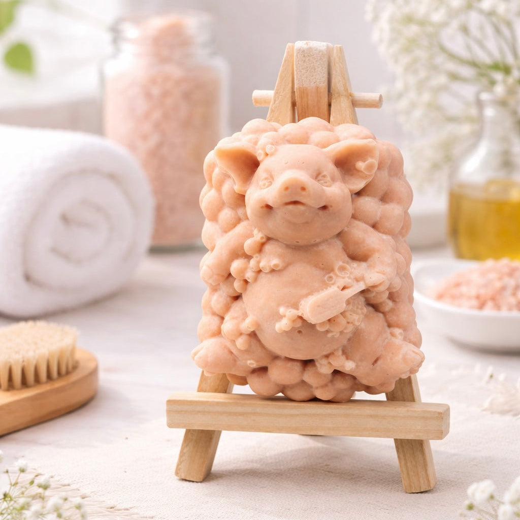 Handmade pig-shaped soap bar displayed on a small wooden easel, surrounded by spa items like bath salts, towel, brush, and oil bottle in a bright, calming bathroom setting.