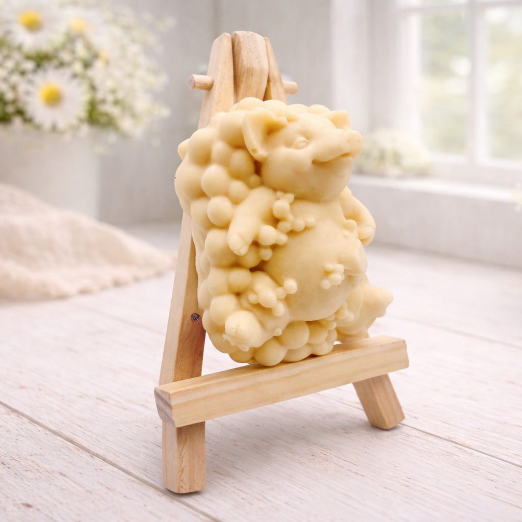 A detailed handmade vegan soap, sculpted as a cheerful pig sitting in a mound of bubbles and holding a scrubbing brush, displayed on a miniature wooden easel against a soft farmhouse window background 