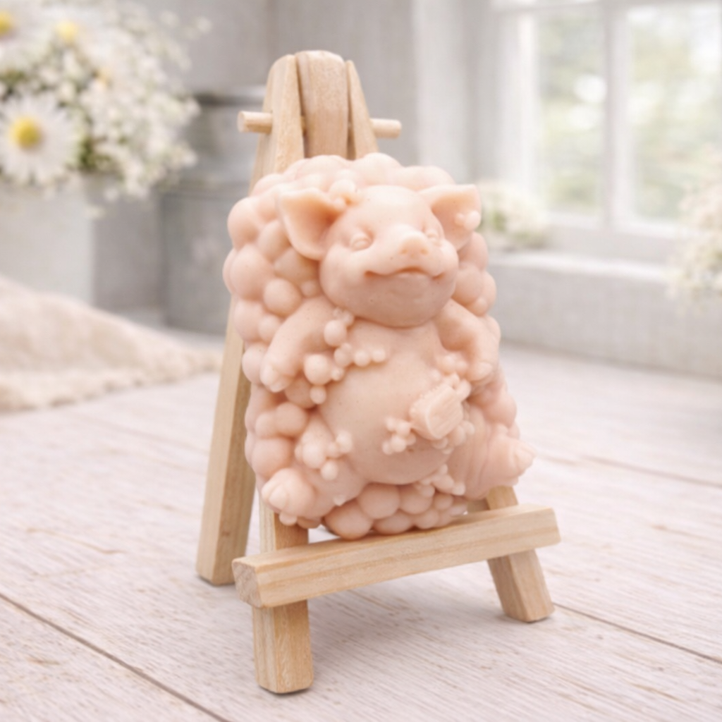 A detailed handmade vegan soap, sculpted as a cheerful pig sitting in a mound of bubbles and holding a scrubbing brush, displayed on a miniature wooden easel against a soft farmhouse window background 