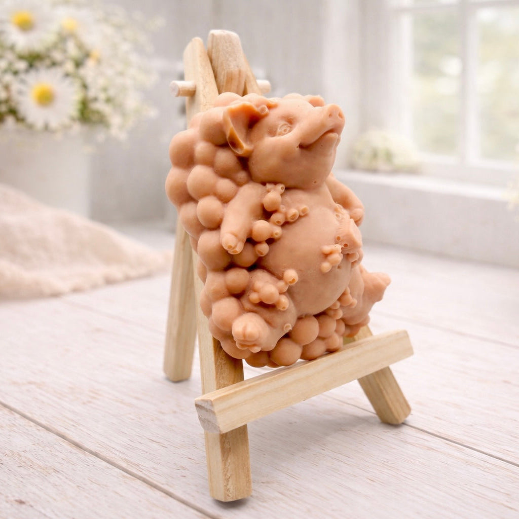 A detailed handmade vegan soap, sculpted as a cheerful pig sitting in a mound of bubbles and holding a scrubbing brush, displayed on a miniature wooden easel against a soft farmhouse window background 