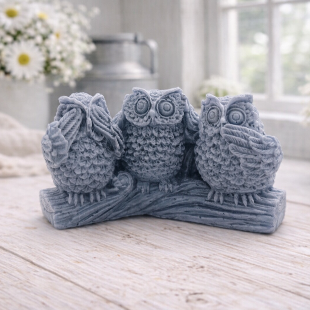 A handmade vegan soap gift featuring three owls perched on a branch in the "See No Evil, Hear No Evil, Speak No Evil" poses, set against a bright window with white flowers.